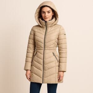 Laundry by Shelli Segal Beige Hooded Long Puffer Coat XS Cinched Waist